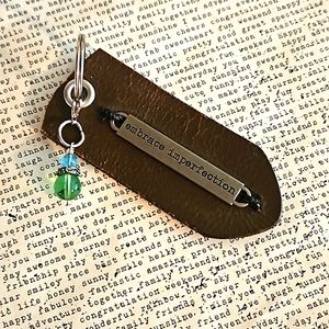 Vintage brown leather keyring Embrace perfection charm glass beads aromatherapy